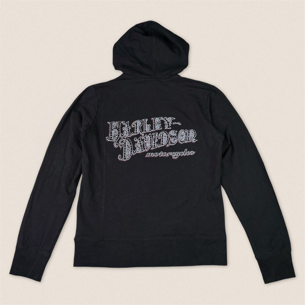 Harley Davidson‎ Bedazzled Rhinestone Black Pullover Hoodie Quarter Zip - Medium